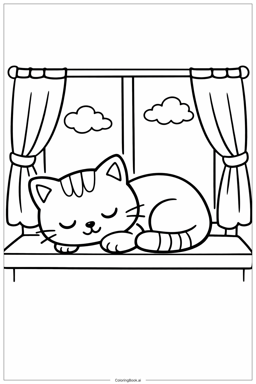  窗边有窗帘的猫午睡填色页 
