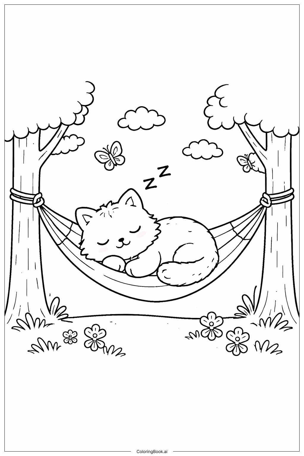  吊床上的小憩猫填色页 