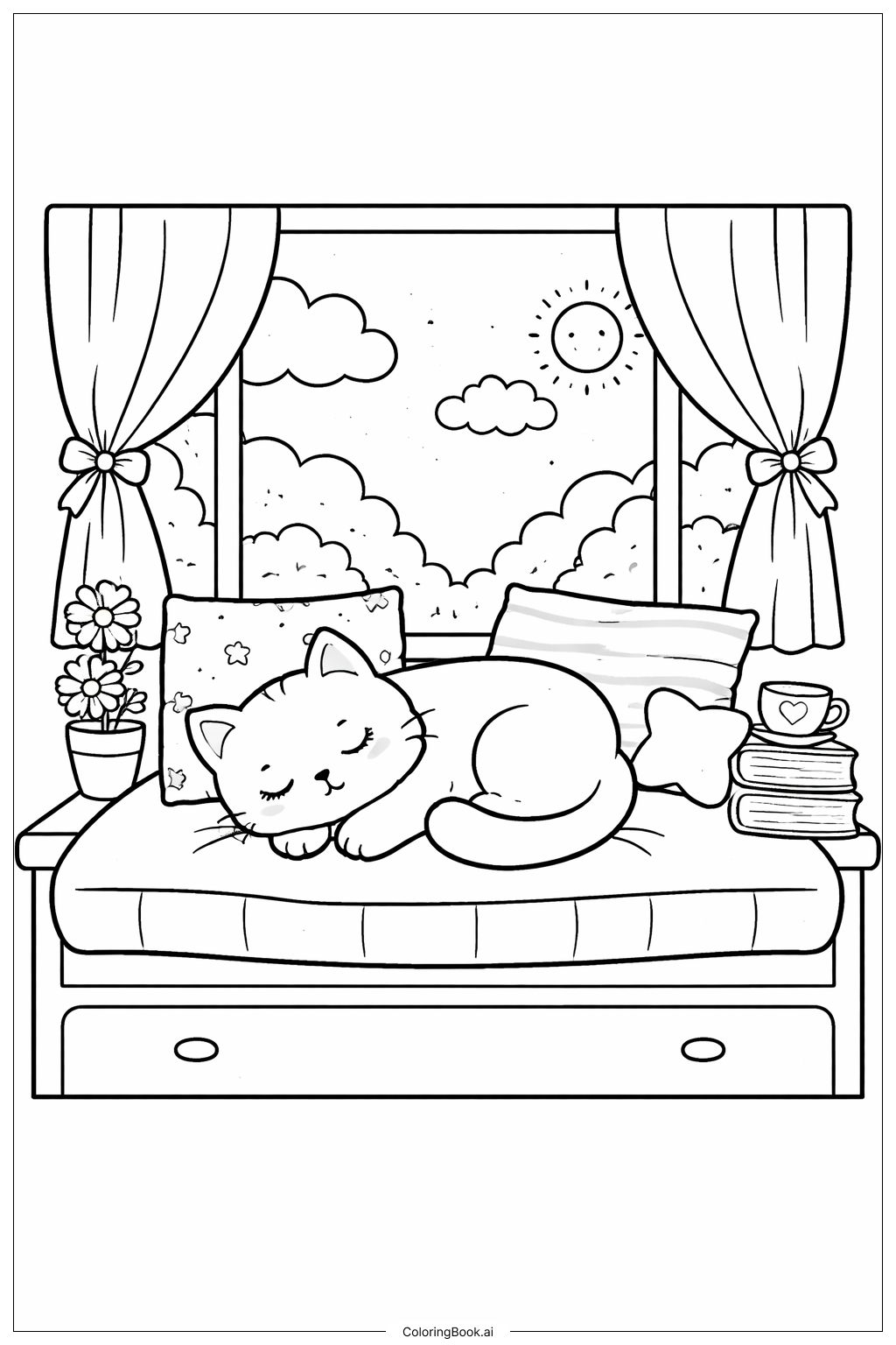  窗边小憩的猫咪填色页 