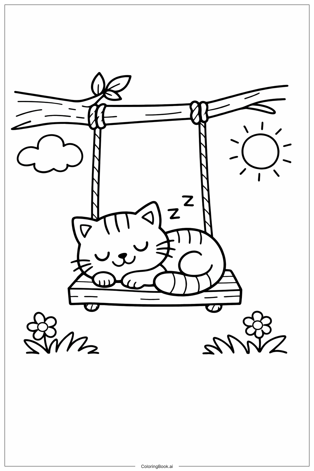  秋千上的猫咪小憩填色页 