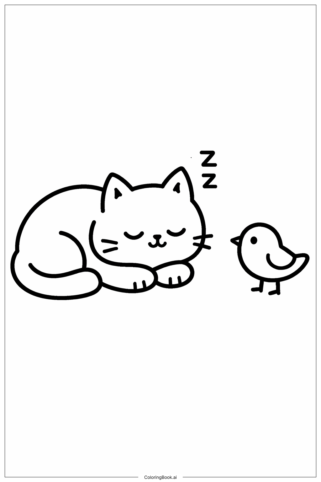  猫咪和鸟儿的小憩填色页 