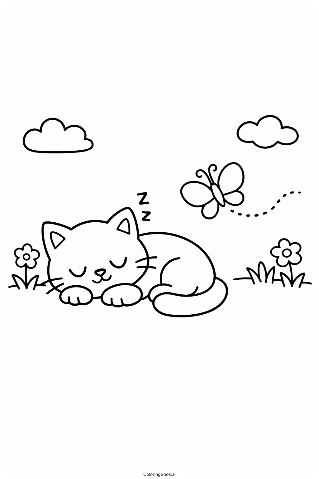  蝴蝶陪伴的小憩猫咪填色页 