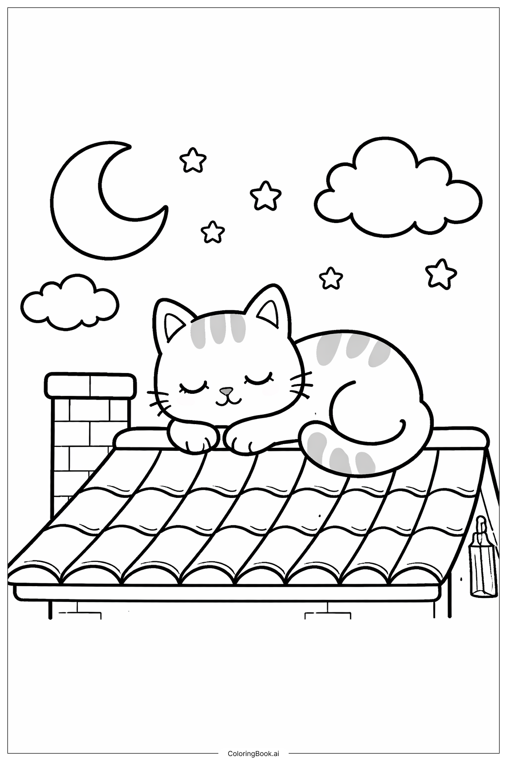  月亮与云朵下的小憩猫填色页 