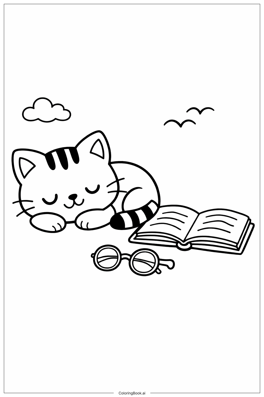  带着开着的书的小憩猫咪填色页 