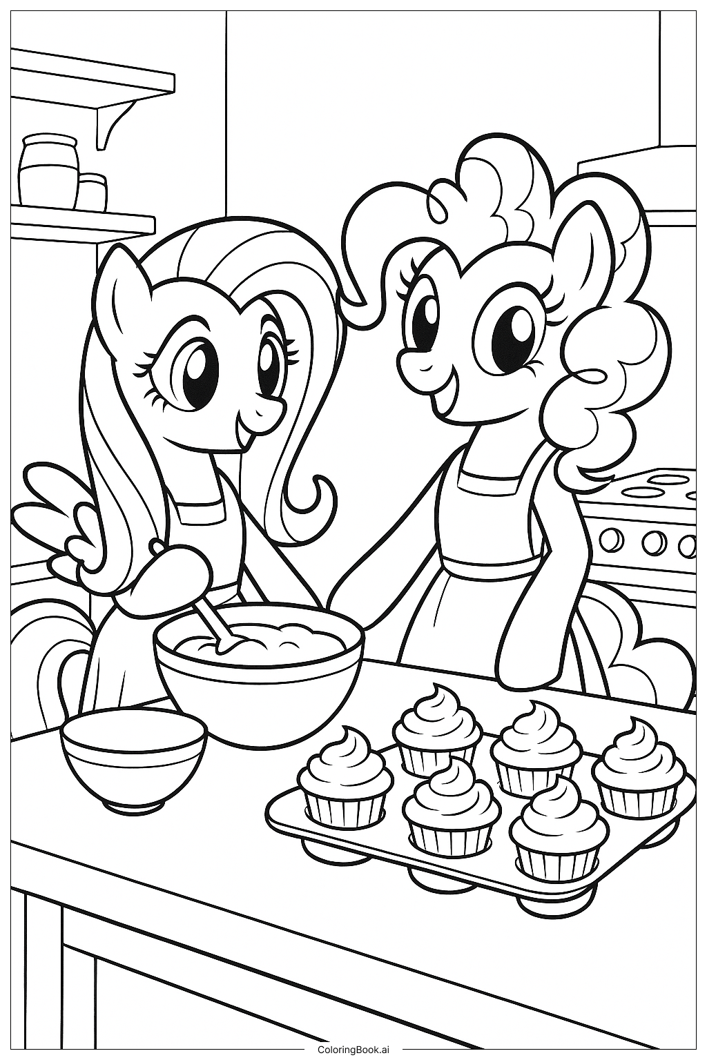  Trang tô màu Fluttershy và Pinkie Pie nướng bánh cupcake 