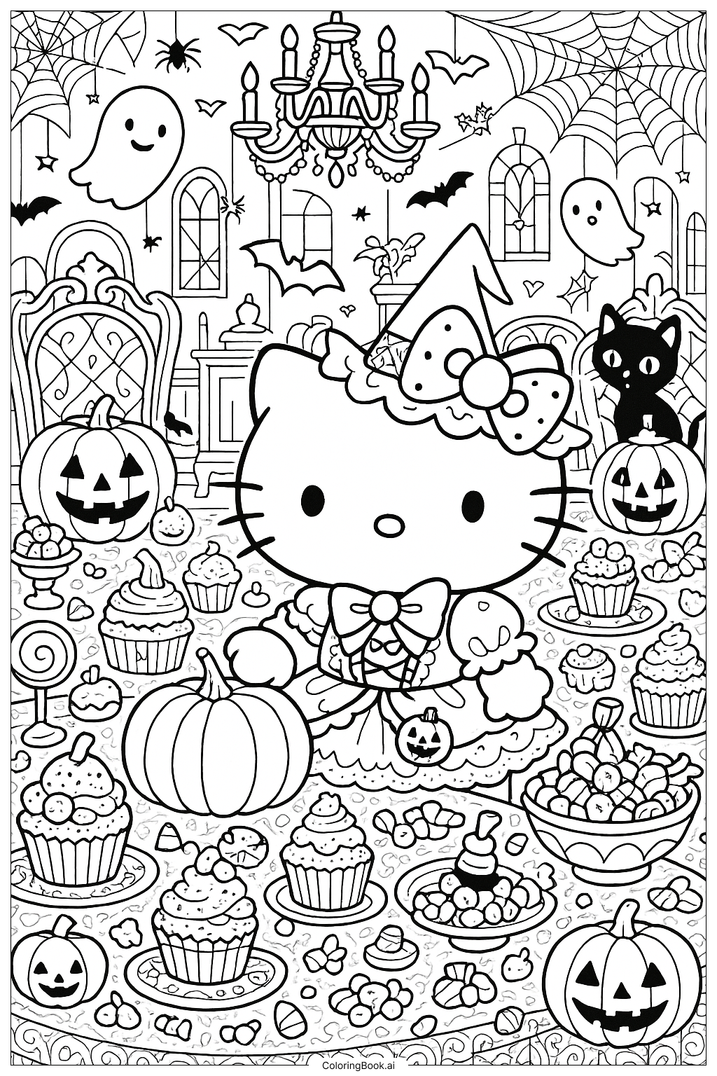 Hello Kittys Halloweenfest und Bankett Ausmalseite