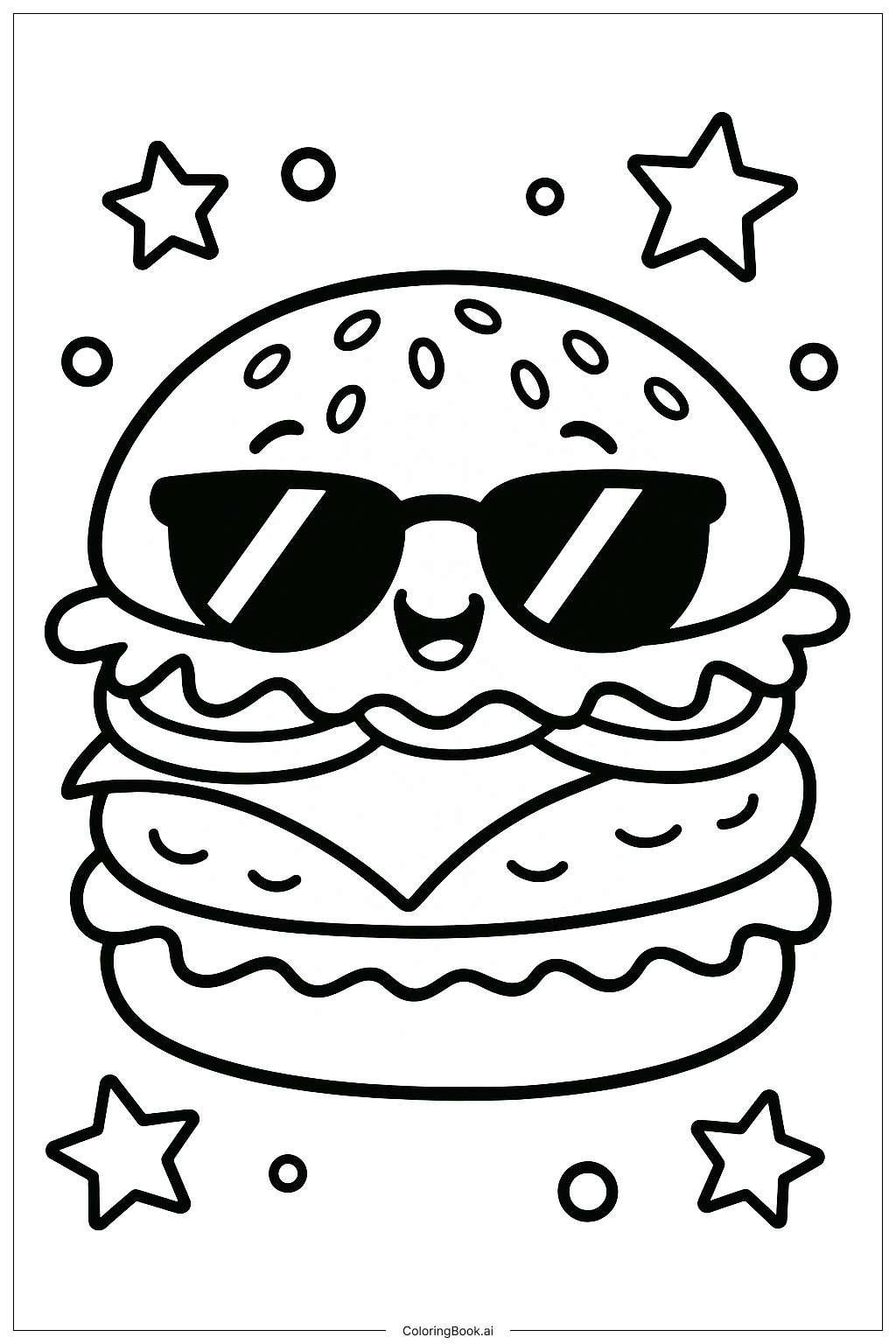  Page de coloriage Un hamburger avec des lunettes de soleil stylées 