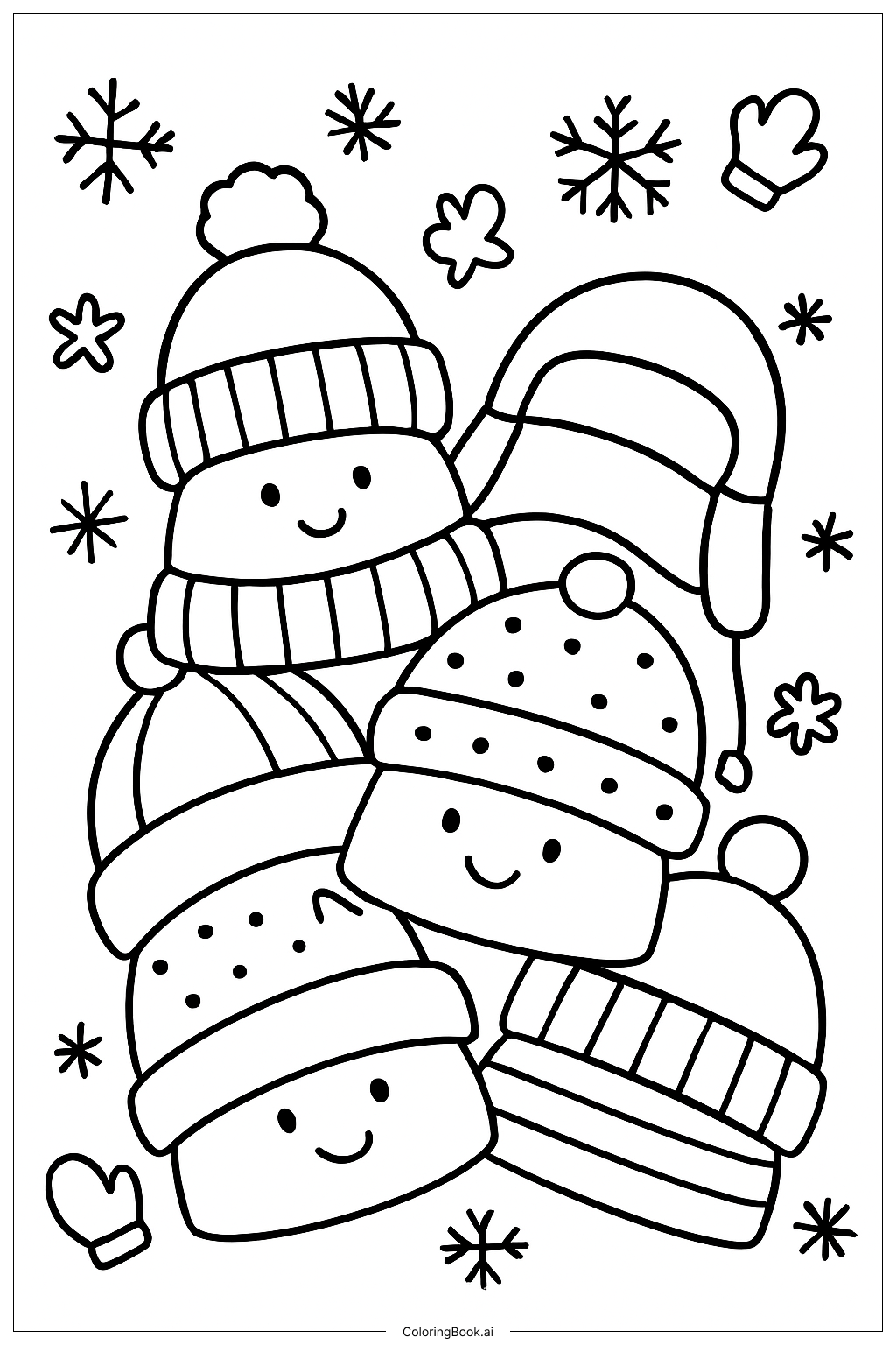Página para colorear de Un montón de gorros de invierno