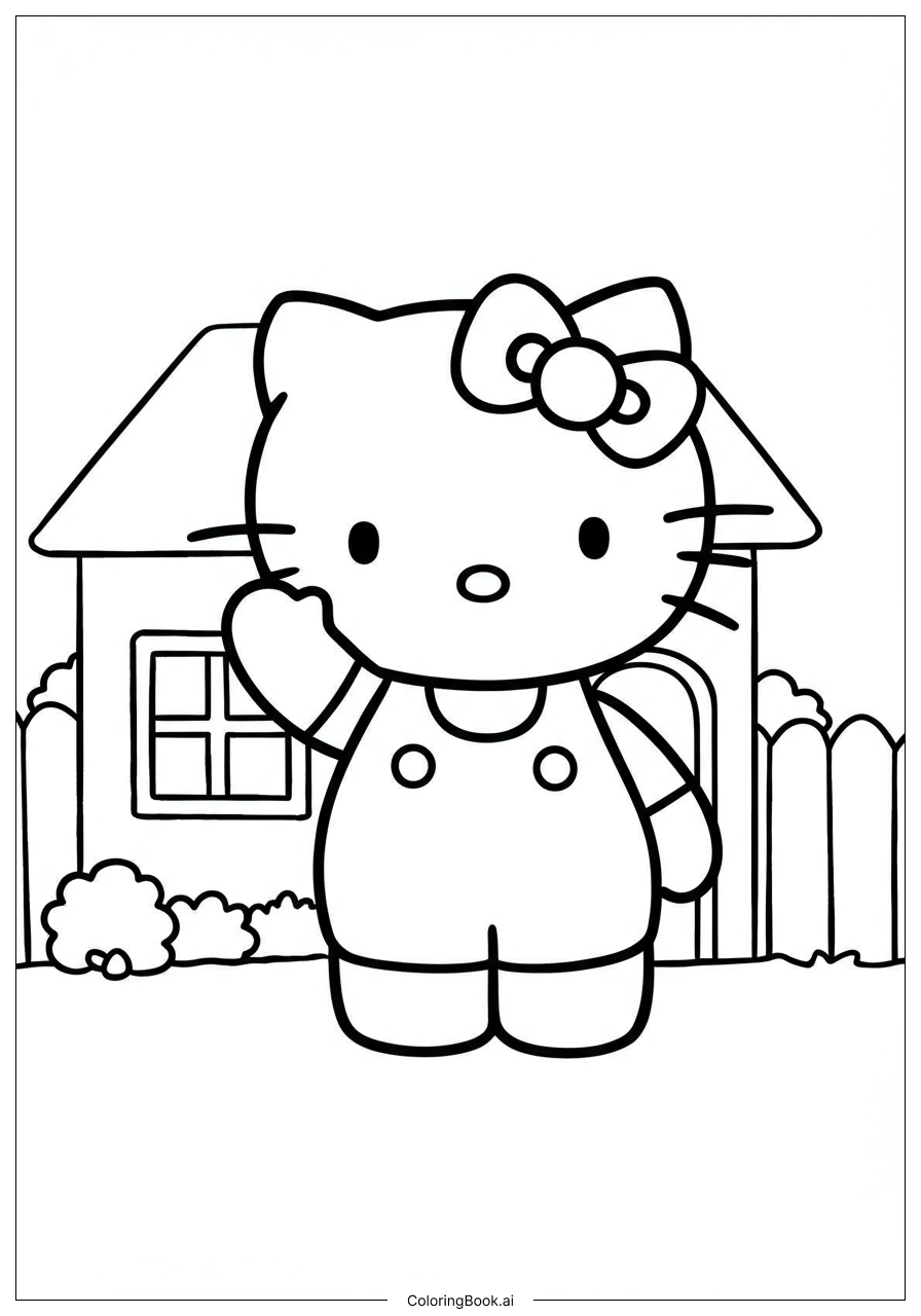  ハローキティがピンクの家から手を振るの塗り絵ページ 