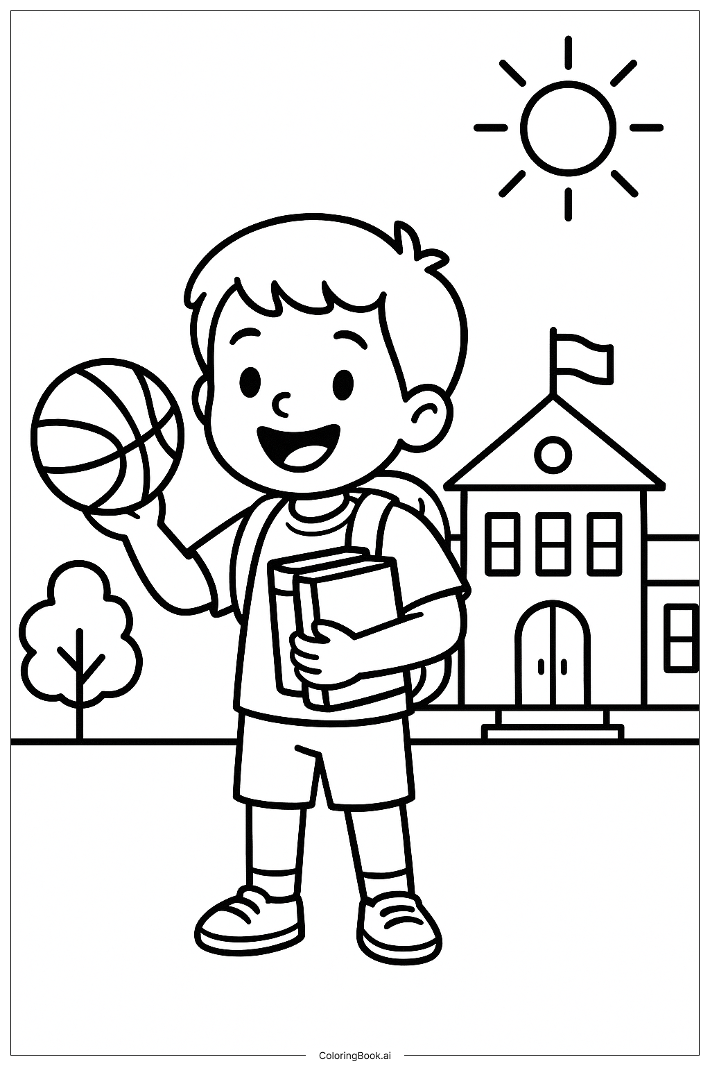  Page de coloriage Retour à l'école avec basket-ball et livres 