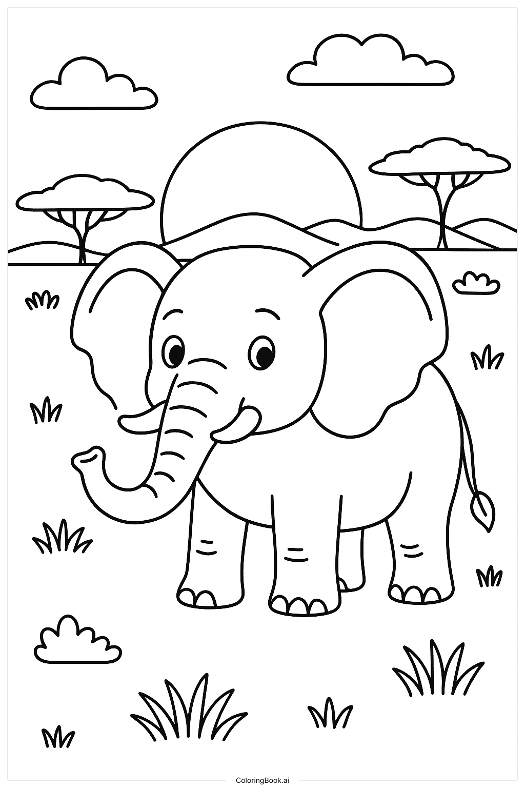  Elefant in der Abenddämmerung der Savanne Ausmalseite 