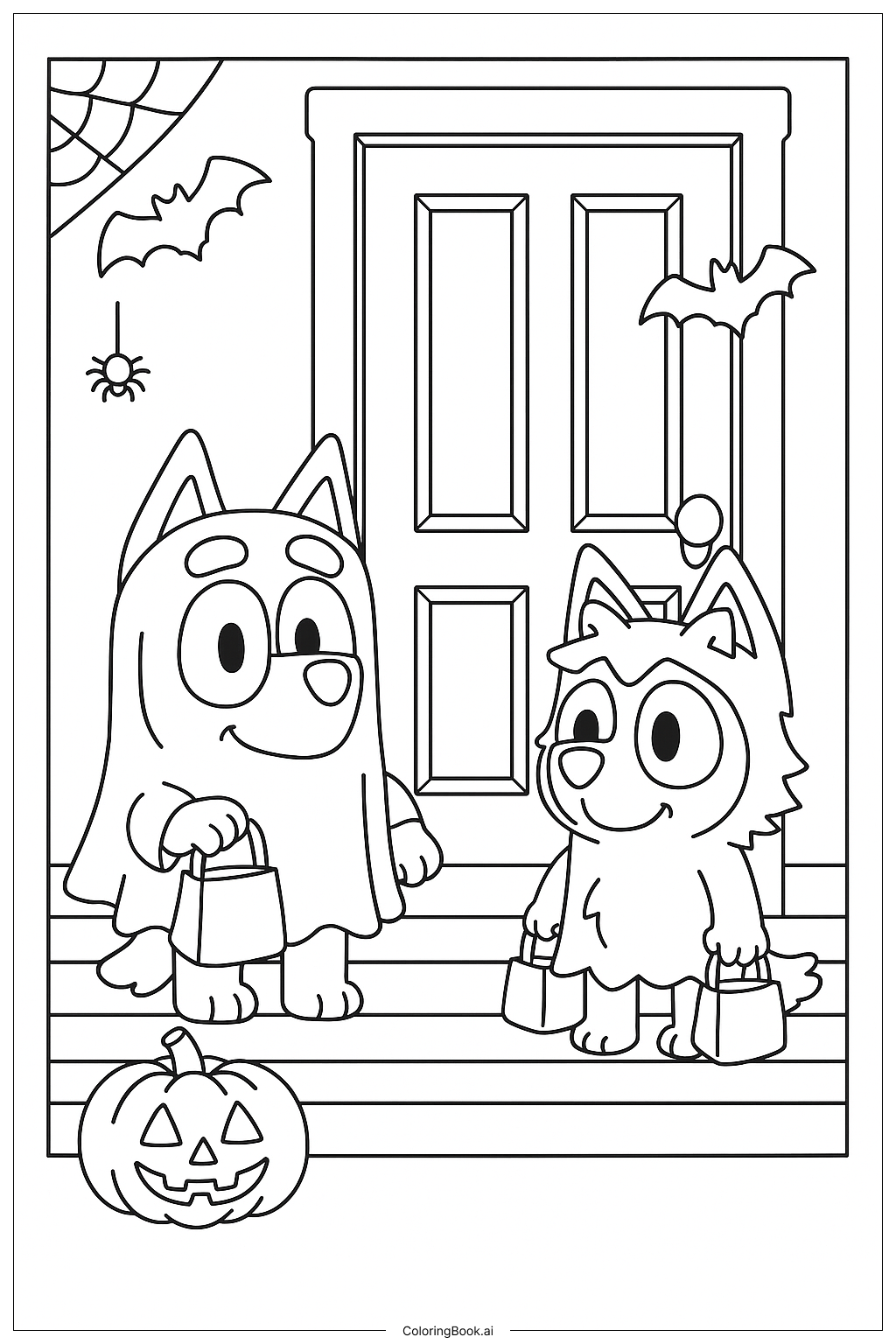  Muffin 與 Socks 在 Bluey 的萬聖節門廊著色頁 
