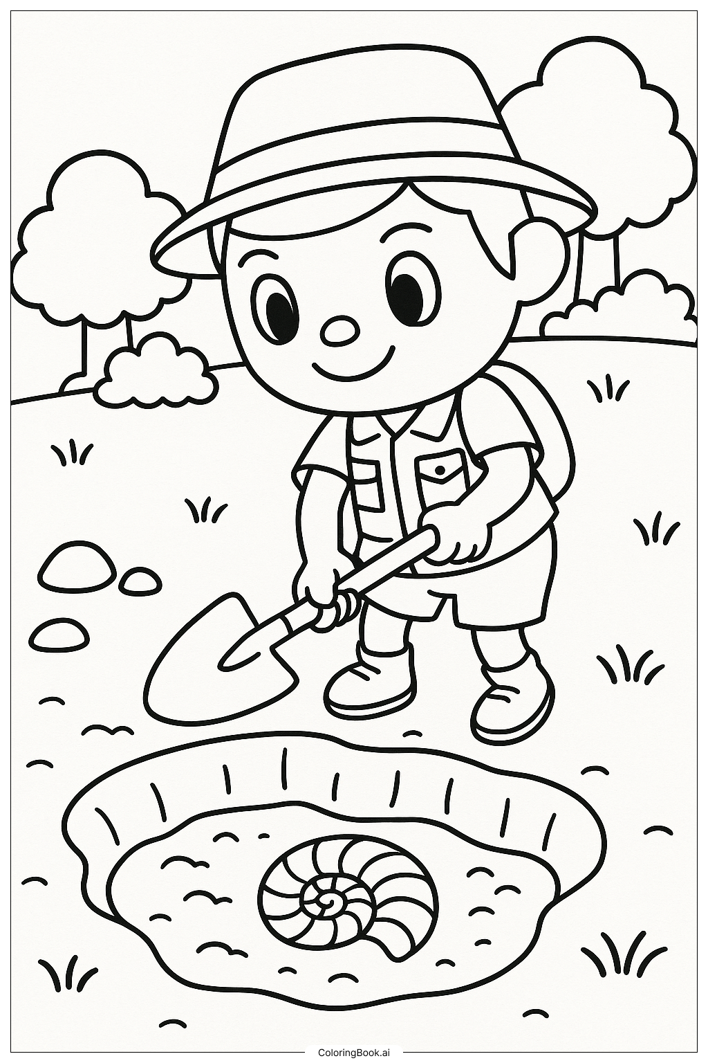  Ein Animal Crossing Charakter, der nach Fossilien gräbt Ausmalseite 