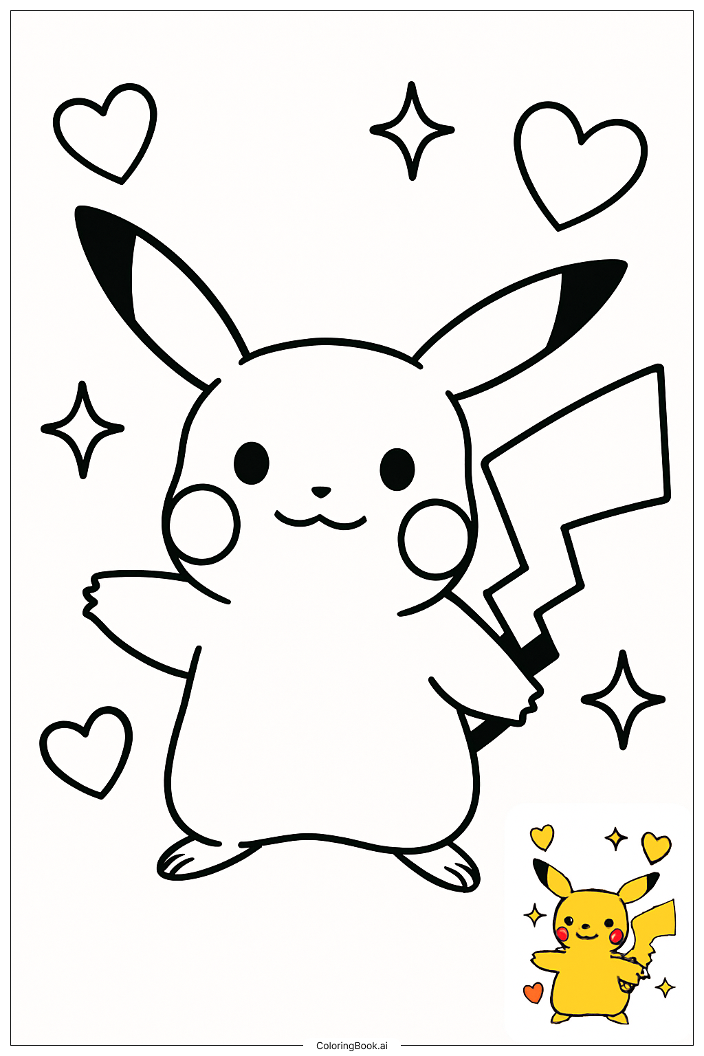  Pikachu Surrounded By Hearts And Stars Coloring Page 