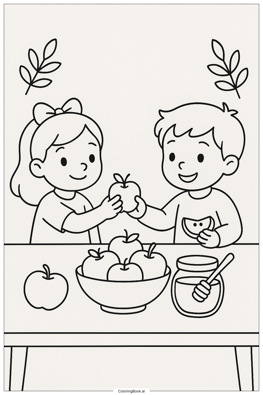  Kids Sharing Apples And Honey For Rosh Hashanah著色頁 