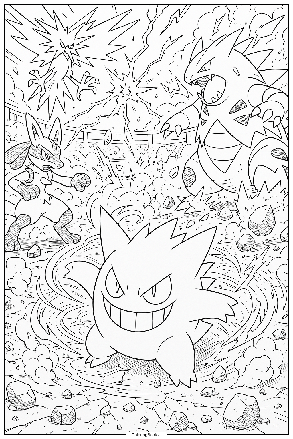  Gengar in a Dynamic Pokemon Battle Scene Coloring Page 