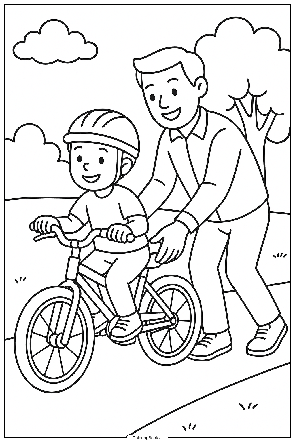 Dad Teaching Kid To Ride A Bike For Fathers Day Coloring Page