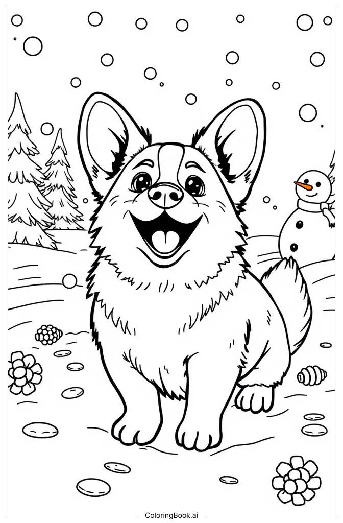  Página para colorir de Corgi Fofinho Brincando na Neve 