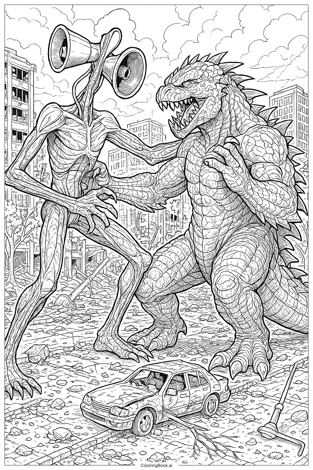  Page de coloriage Siren Head combattant un monstre géant 