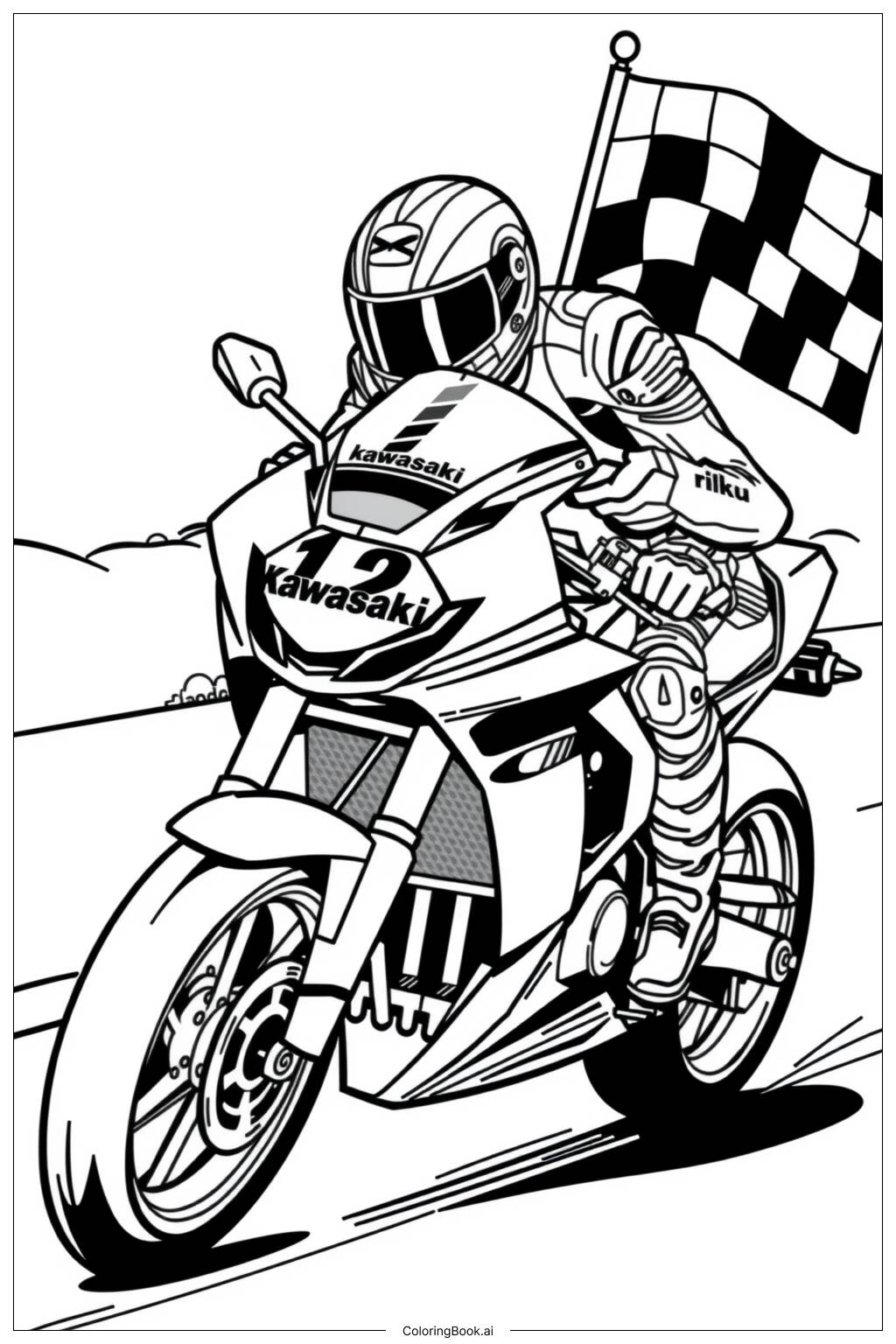  Página para colorear de Carrera de Motocicletas Kawasaki 