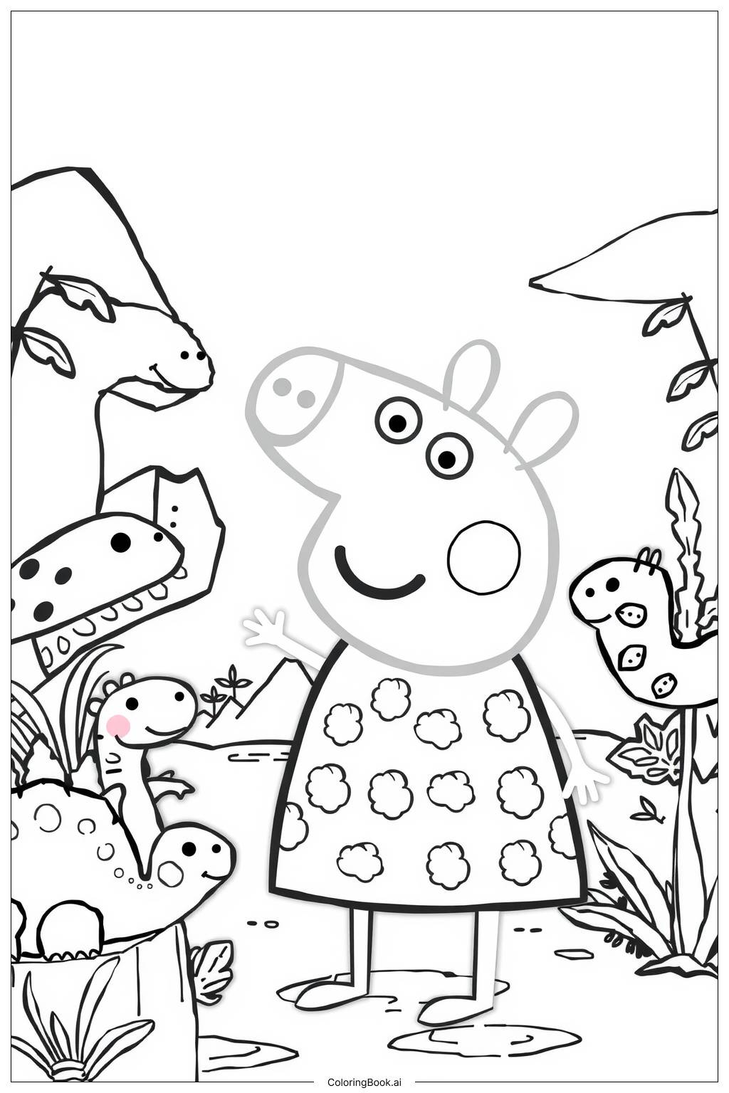  Página para colorir de Peppa Pig Explorando um Mundo de Dinossauros 