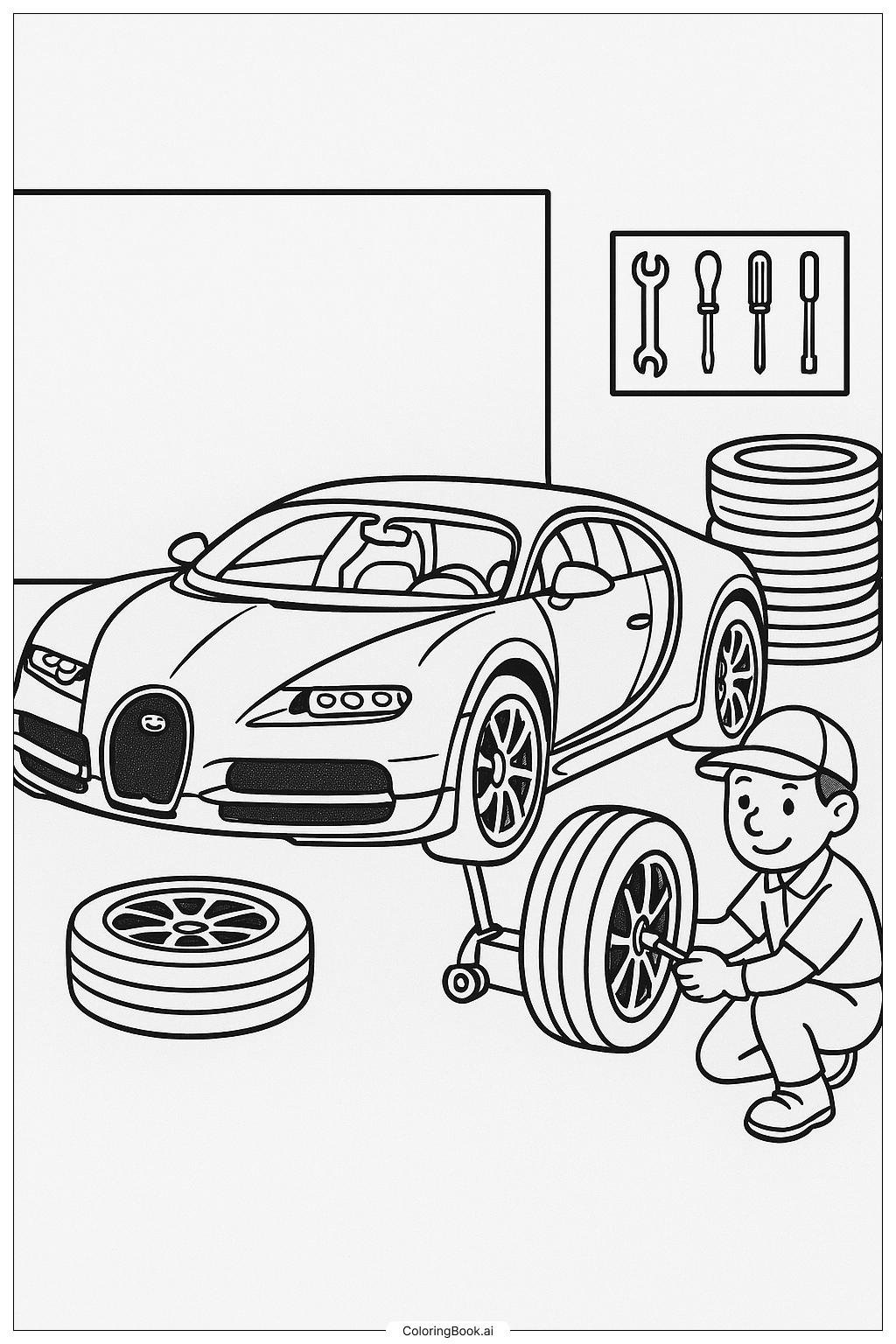  A Bugatti Getting New Tires Coloring Page 
