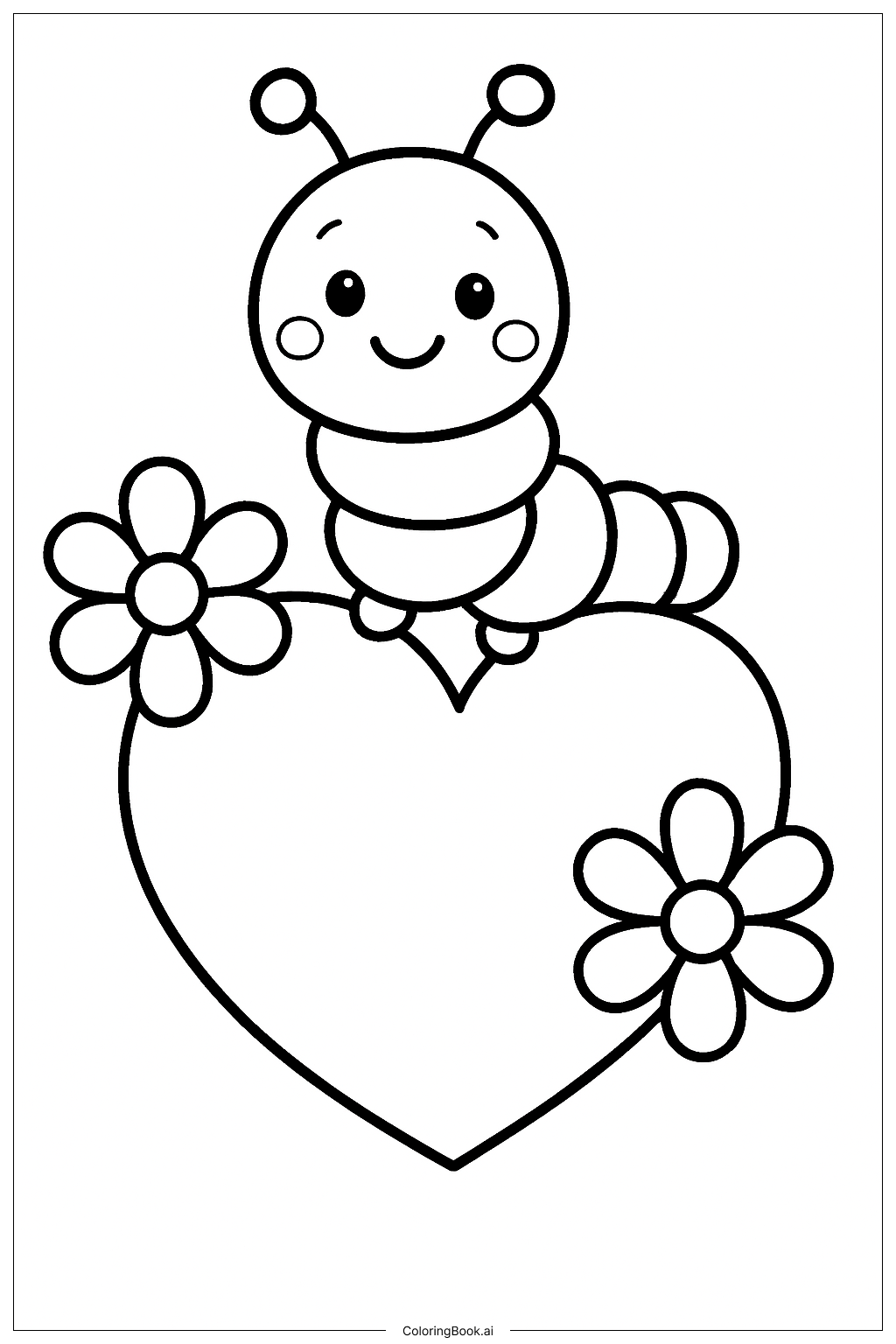 A Cute Caterpillar On Hearts and Flowers Coloring Page 