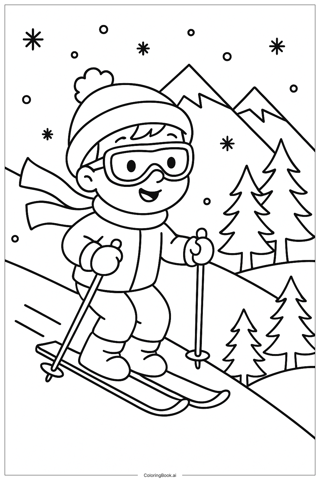 冬の山をスキーで滑るの塗り絵ページ 