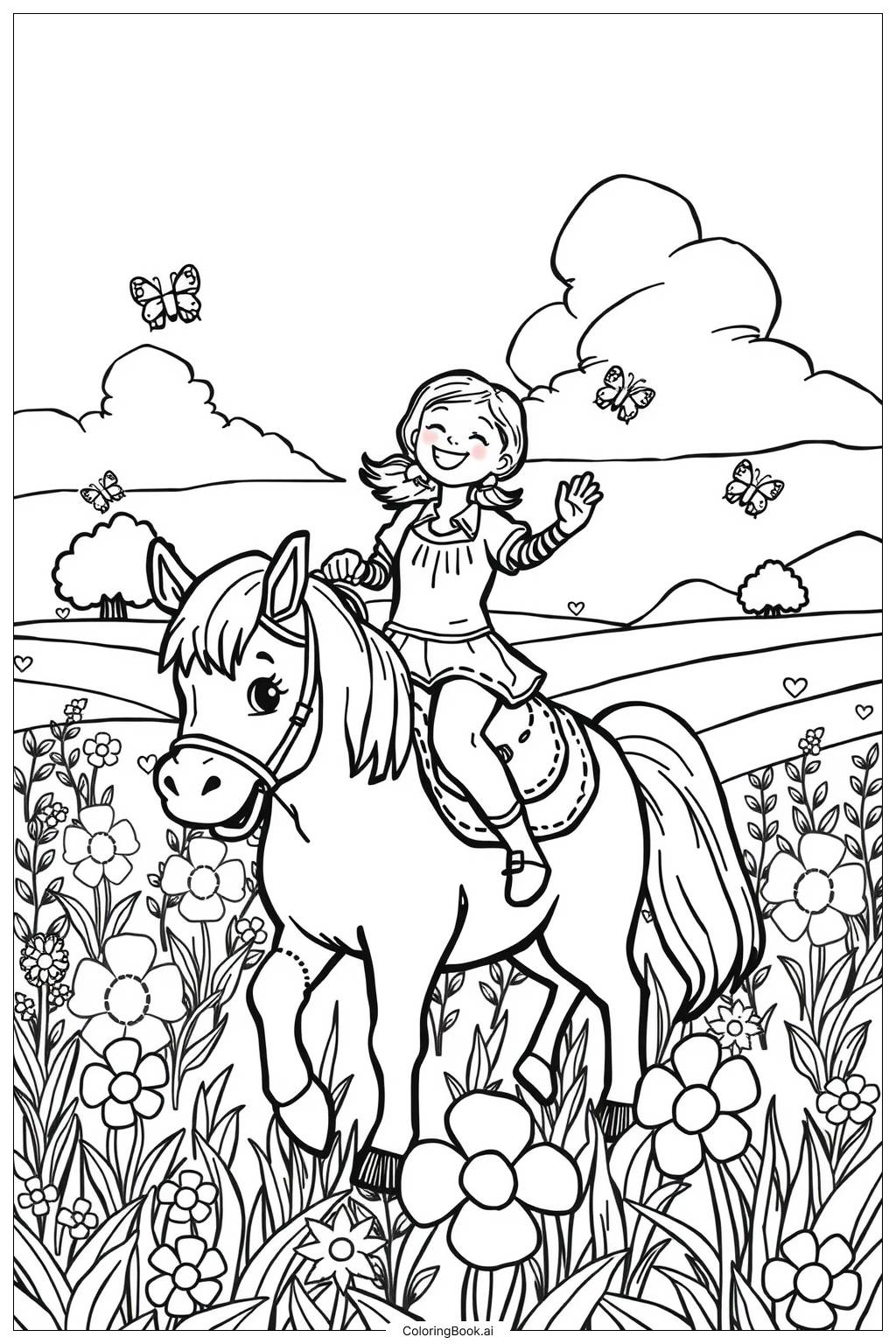  Page de coloriage Fille montant un cheval dans un champ 