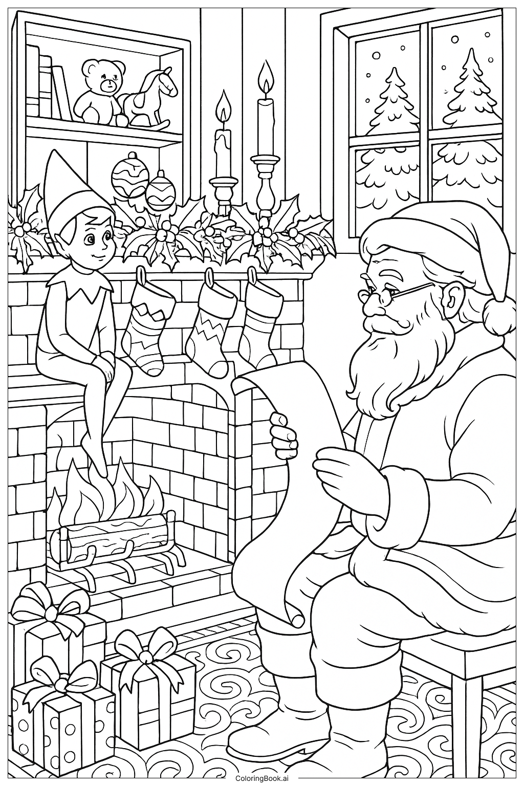  Página para colorir de Duende No Prateleira Reportando Para o Papai Noel Junto À Lareira 