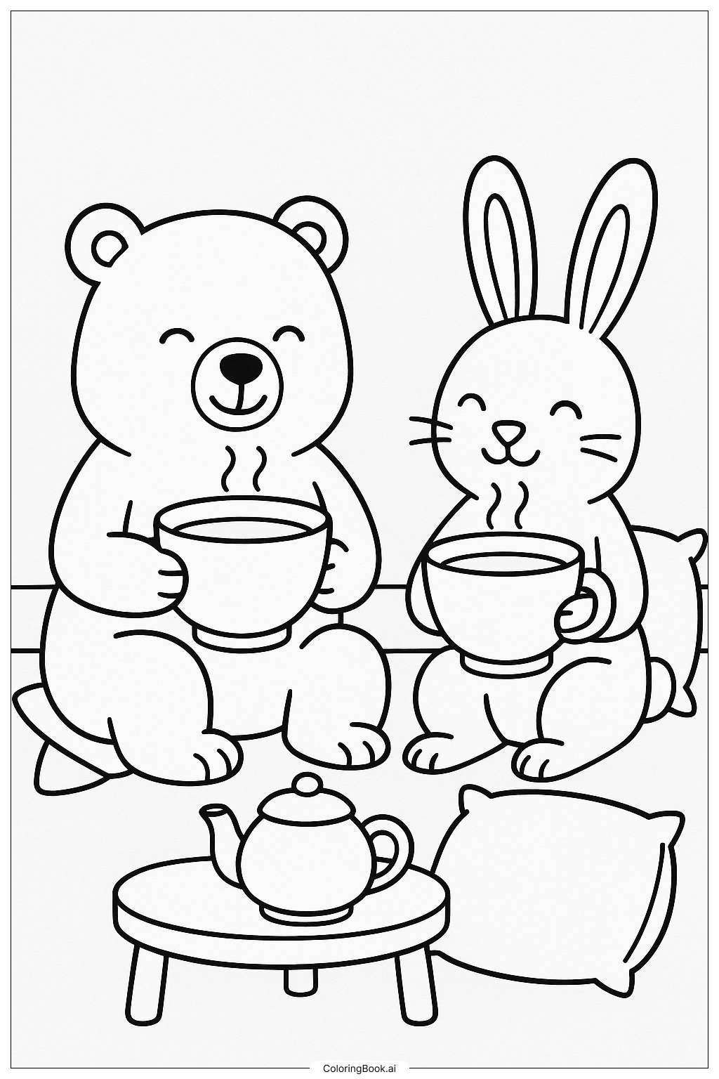  Página para colorear de Amigos Acogedores Tomando Té 