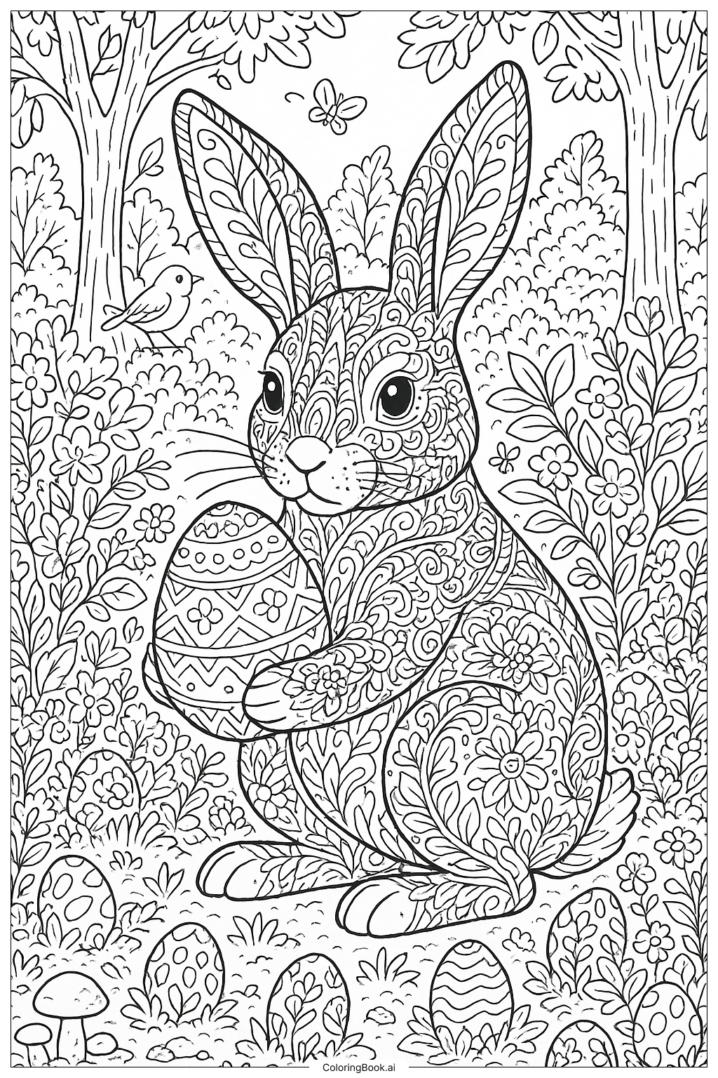Detailed Easter Bunny In A Forest Scene Coloring Page