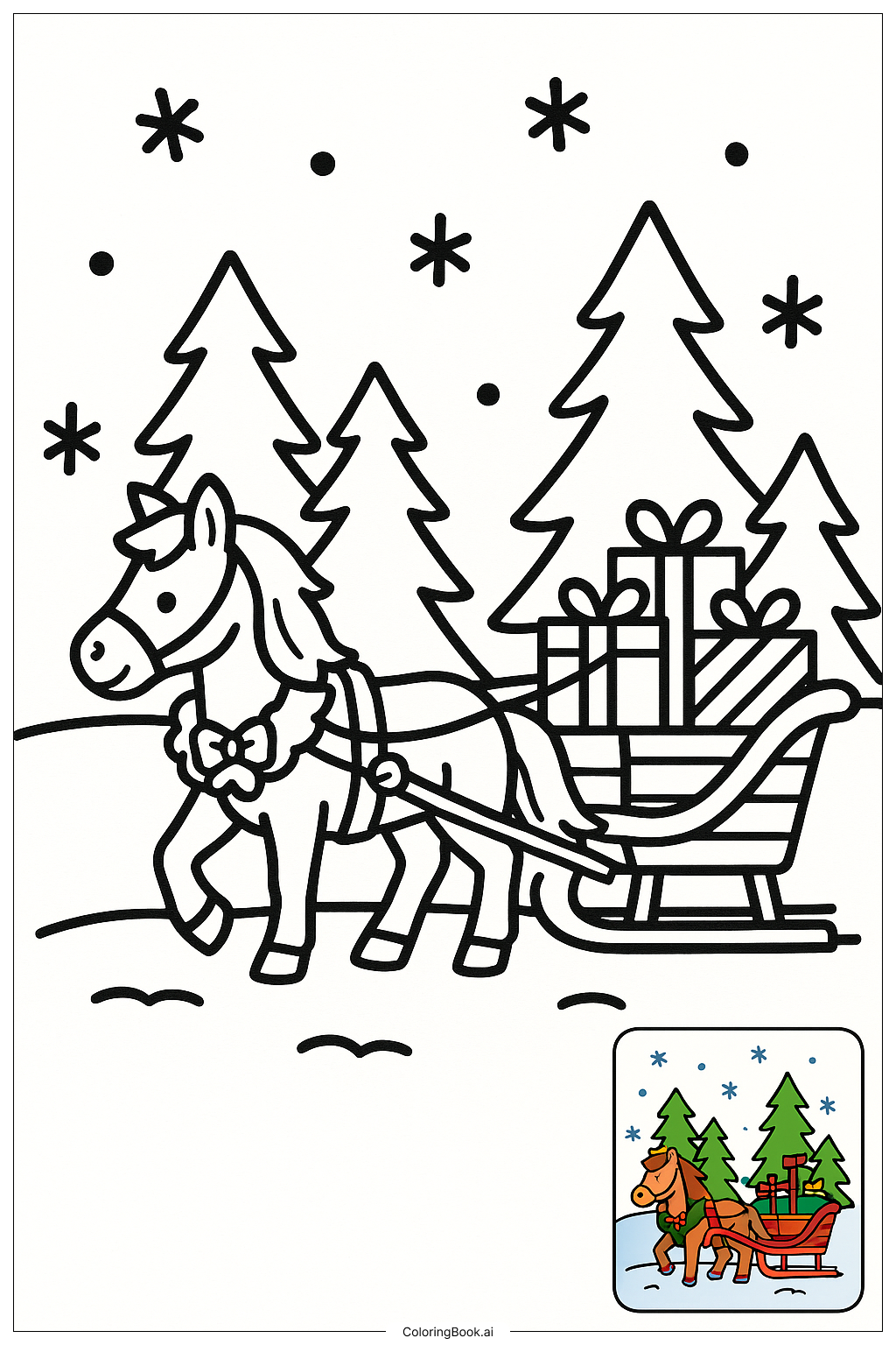  クリスマスの馬とおしゃれなソリの塗り絵ページ 