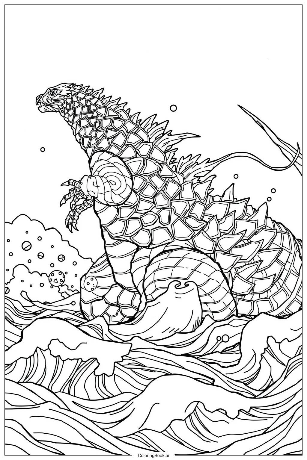  Página para colorear de Godzilla saliendo del océano 