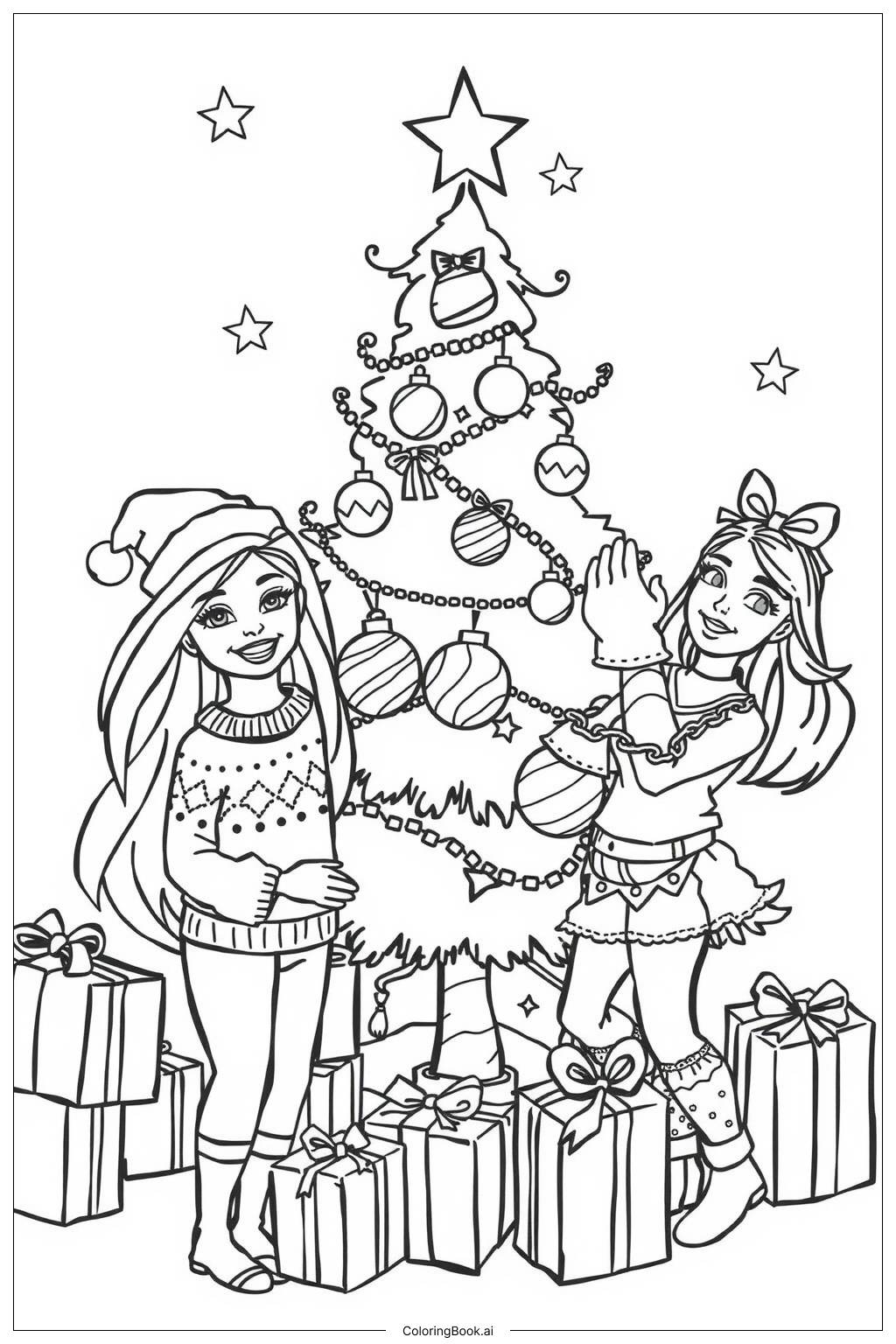  Page de coloriage barbie arbre de Noël à décorer avec des amis 