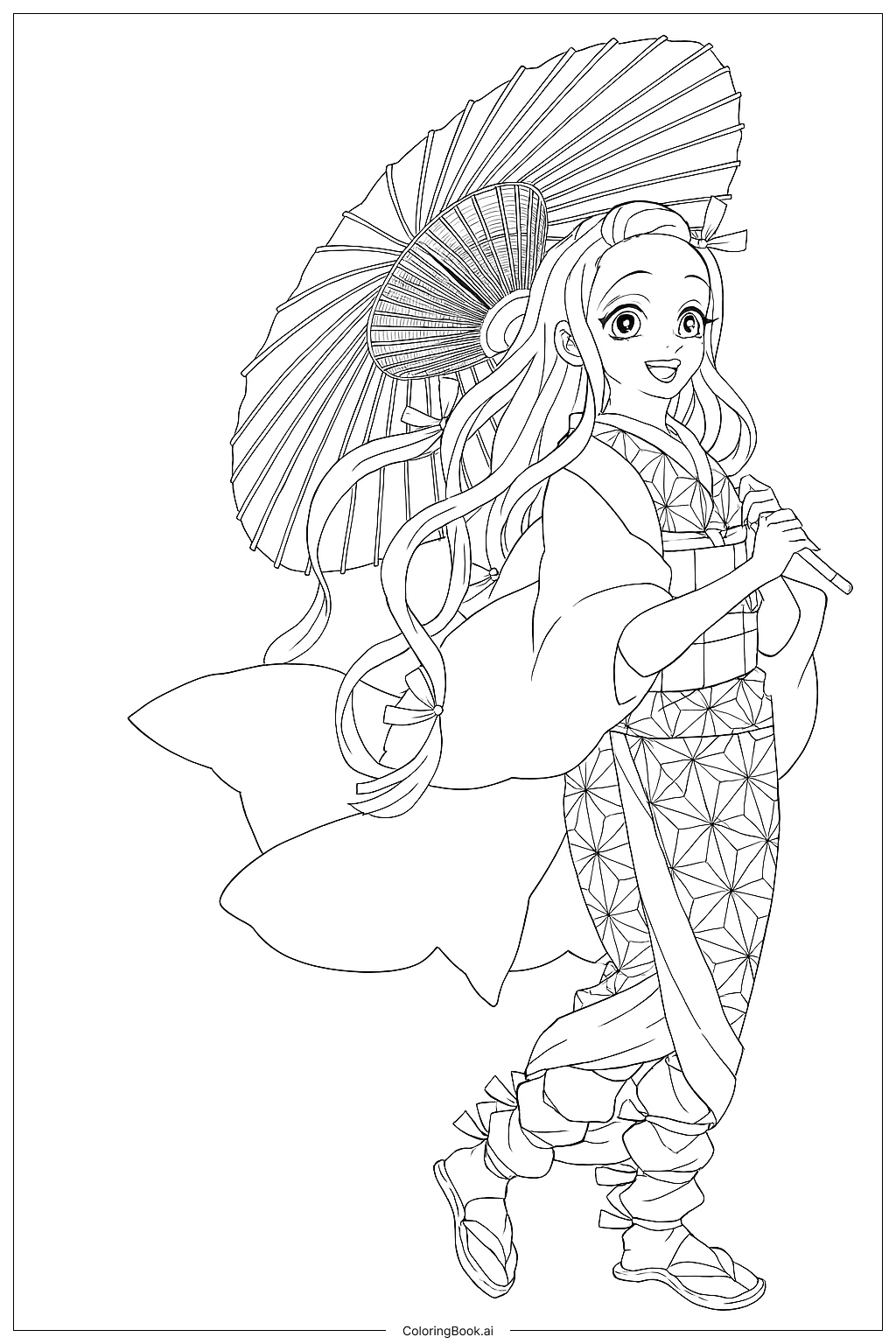  Página para colorear de Nezuko Sosteniendo un Paraguas 
