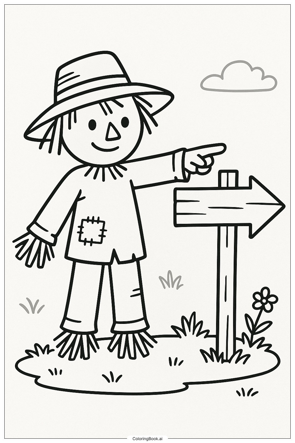 A Scarecrow Pointing The Way On A Signpost Coloring Page