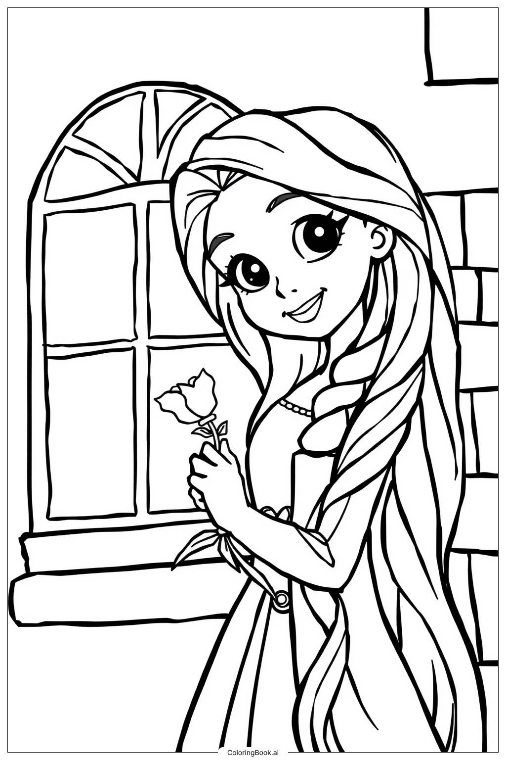  Página para colorir de Rapunzel segurando uma flor 