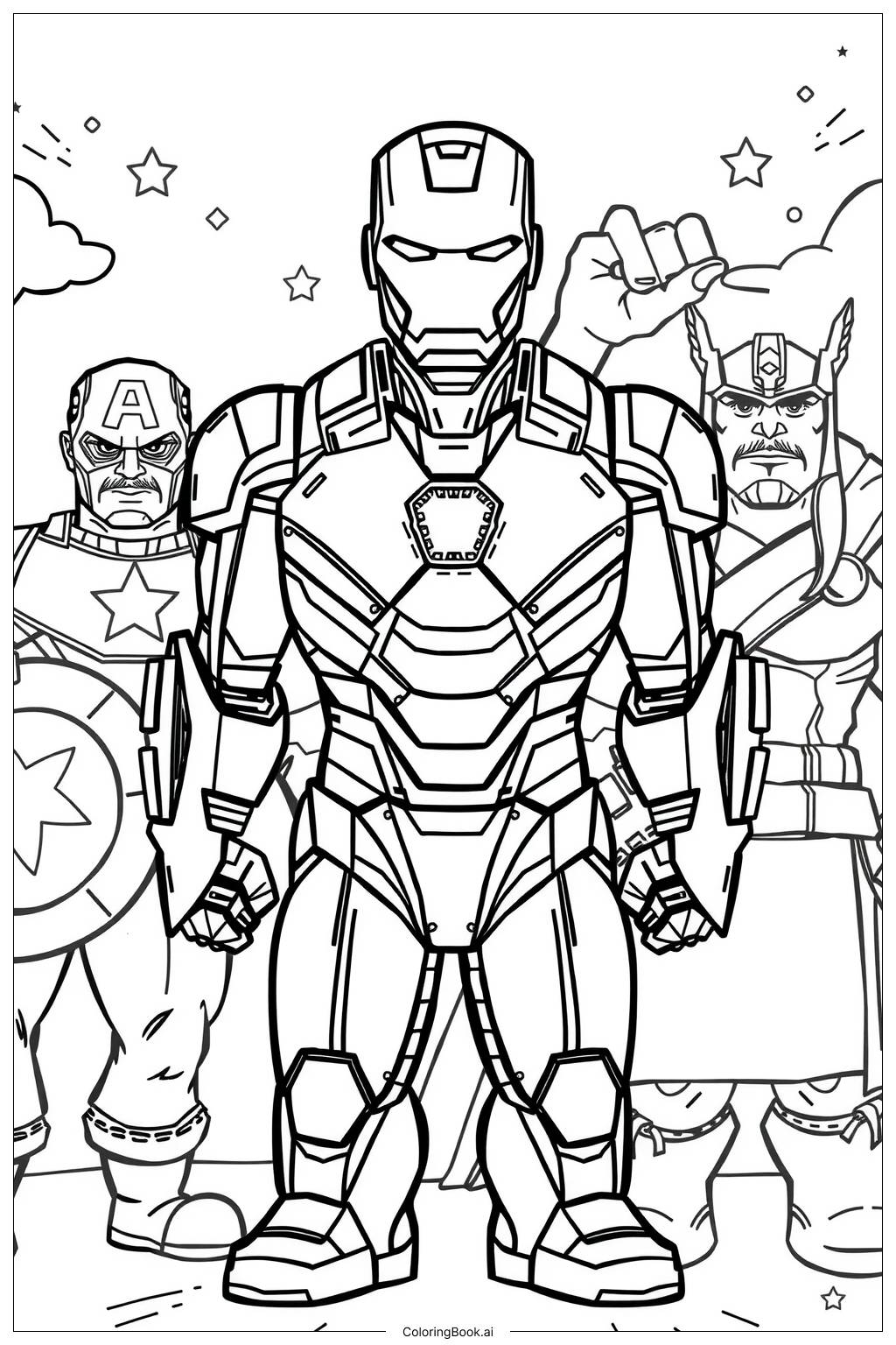  Page de coloriage Mini Iron Man menant les Avengers 