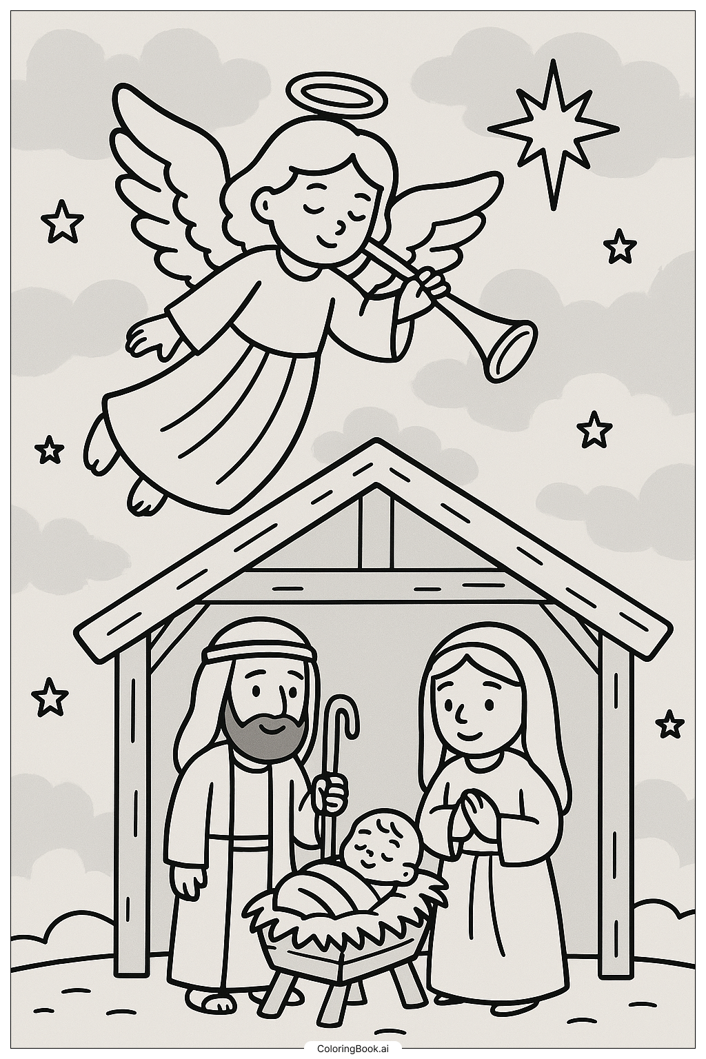  Engel der Krippe kündigt Nachrichten an Ausmalseite 