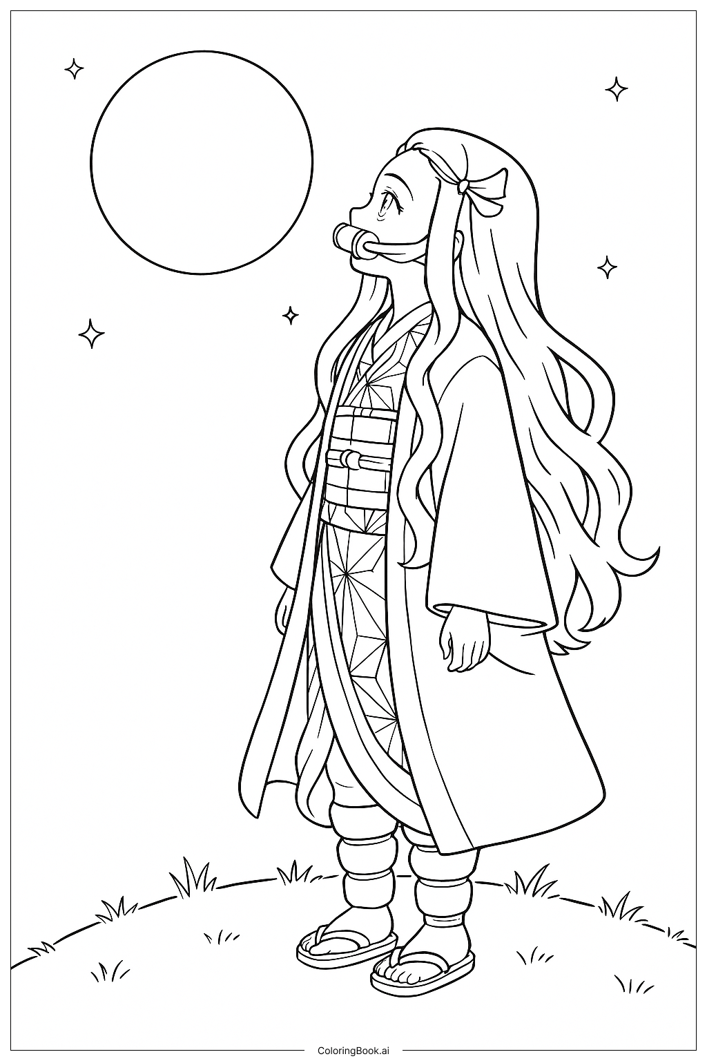 Página para colorear de Nezuko mirando la luna