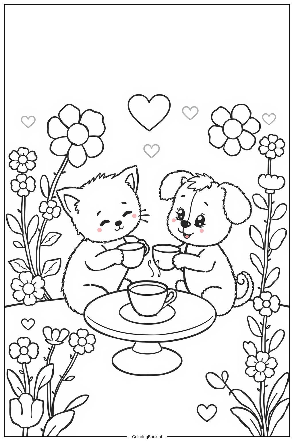  Page de coloriage Un chaton et un chiot ayant un goûter 