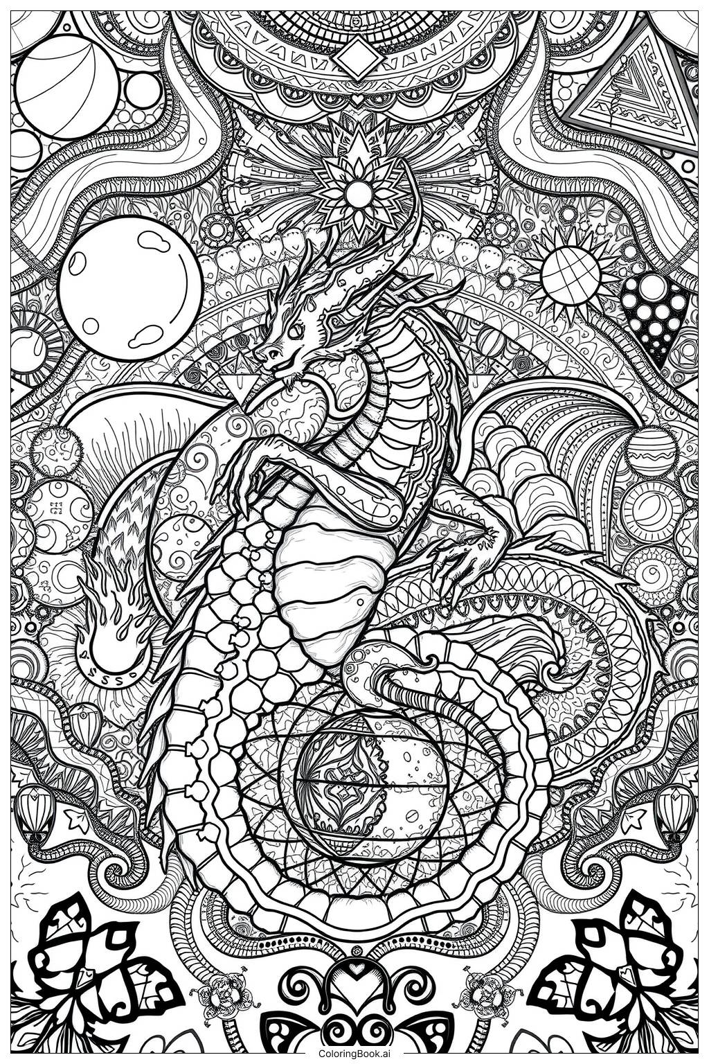  Drachen Mandala Universum Ausmalseite 