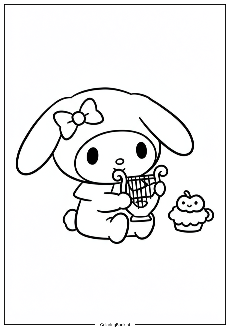 My Melody Playing a Tiny Harp Coloring Page 
