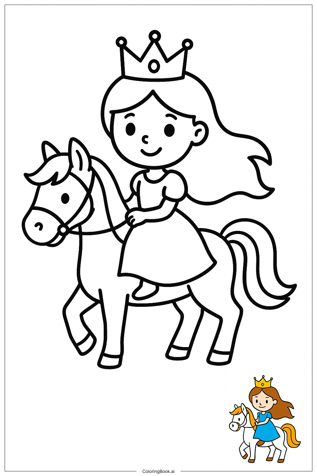  王女と白馬の騎乗（王冠付き）の塗り絵ページ 