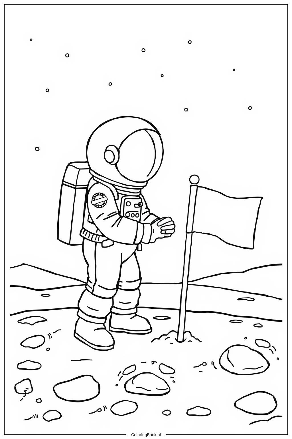  Página para colorear de Astronauta Plantando Bandera en la Luna 