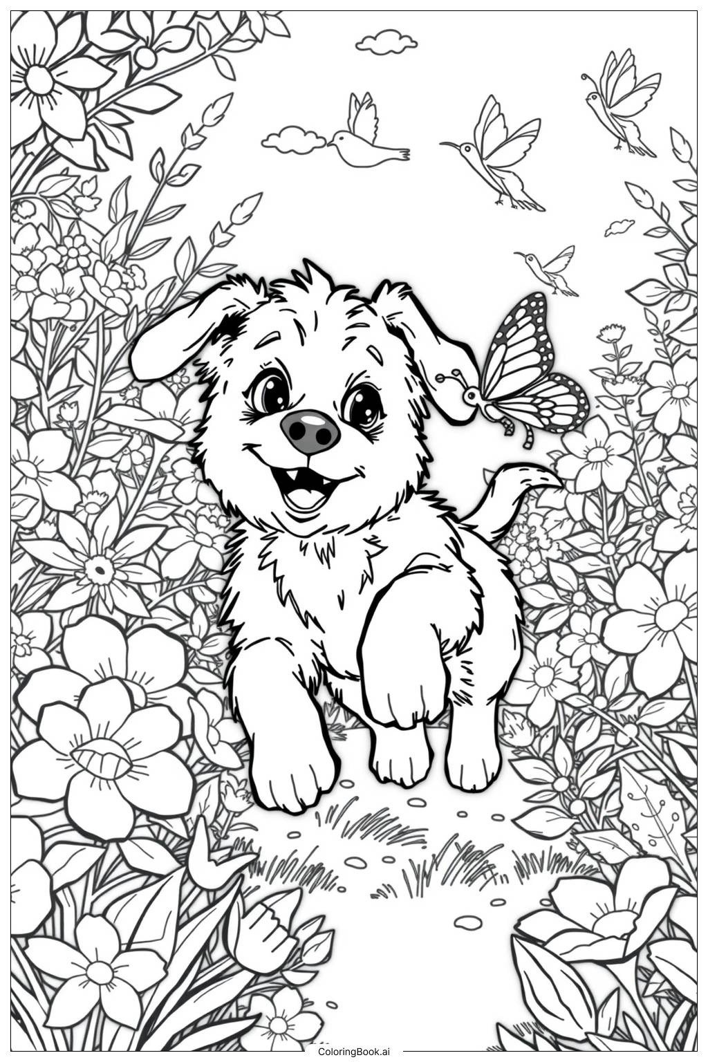  Puppy Chasing a Butterfly-2 Coloring Page 