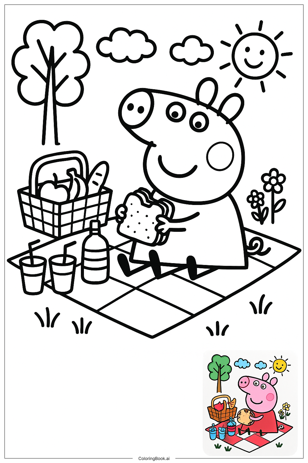 Página para colorear de Peppa Pig teniendo un picnic