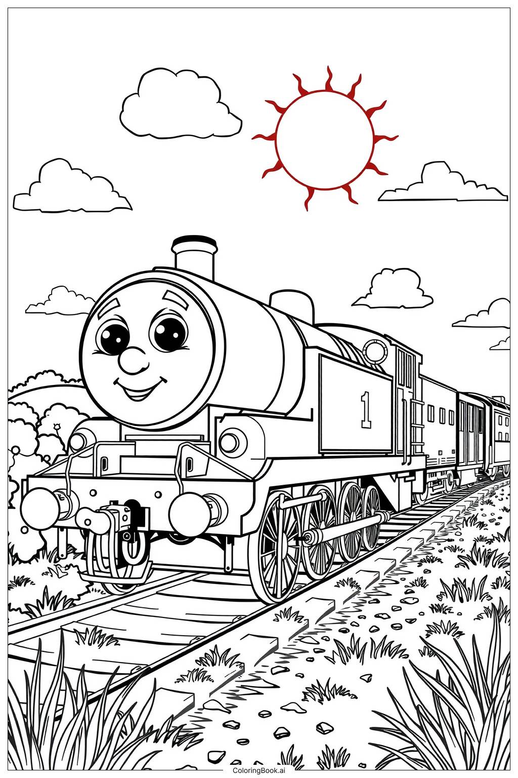  Página para colorir de Percy, o trem em um dia ensolarado-2 