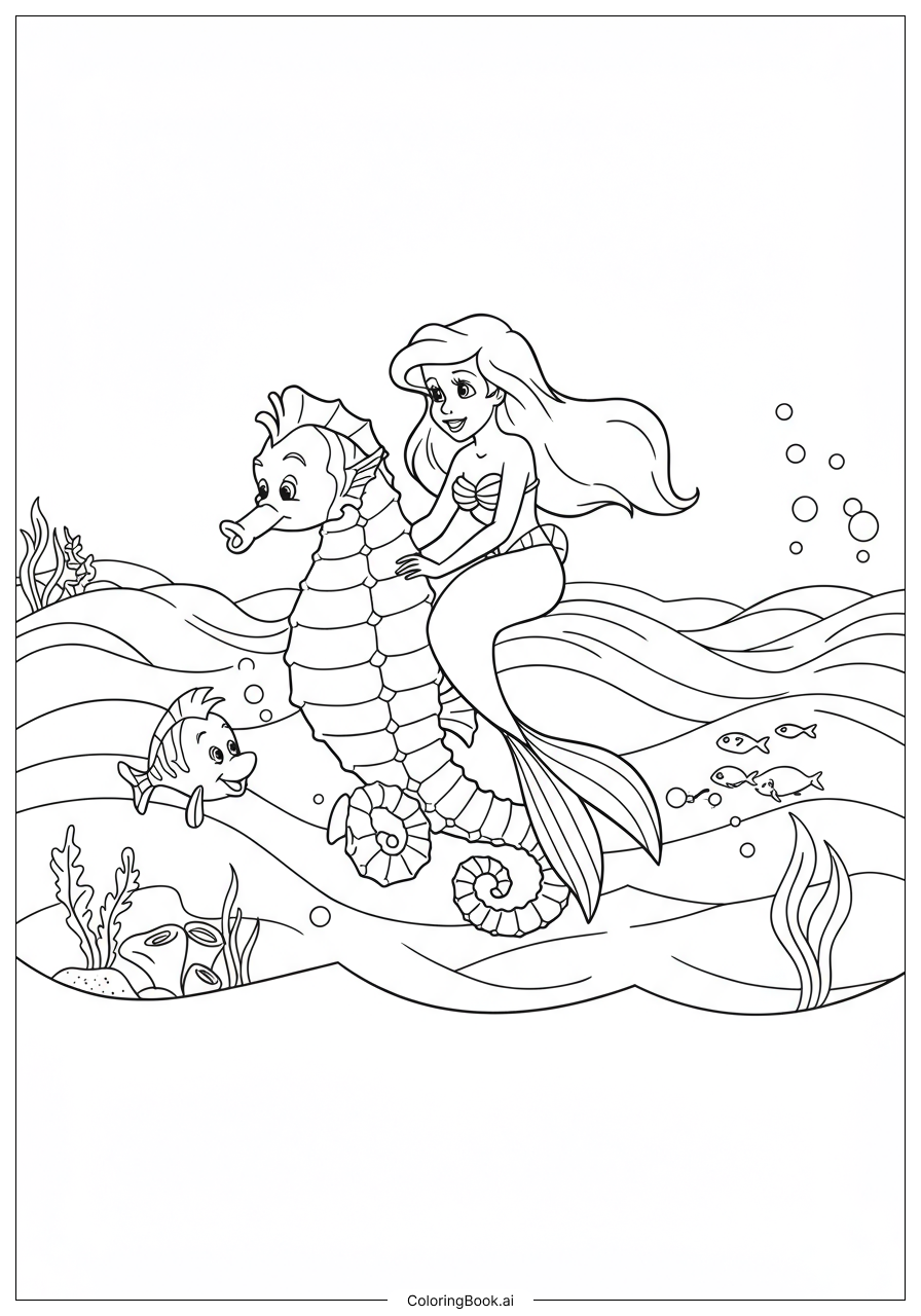  Página para colorear de Ariel Montando un Caballito de Mar en el Océano 